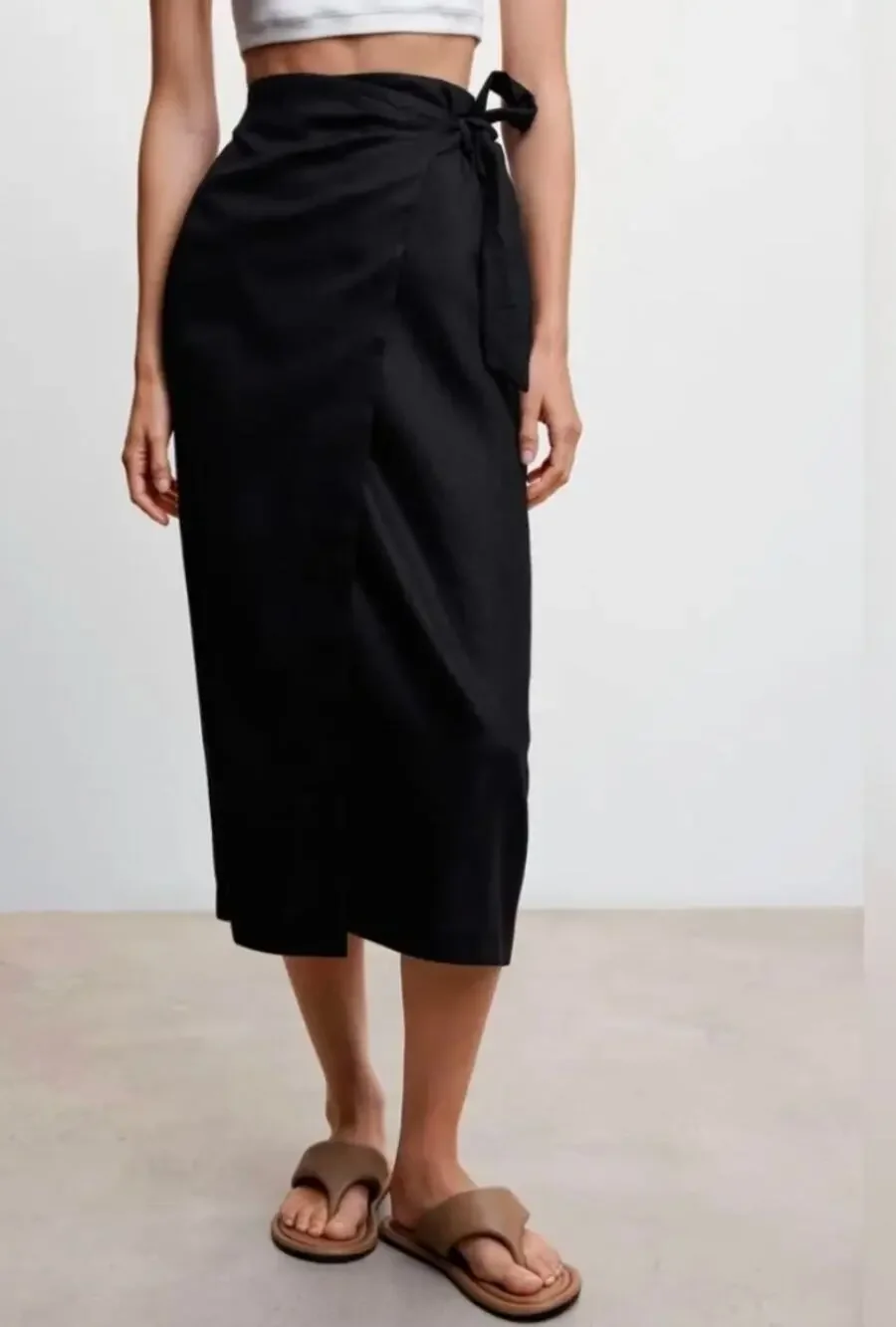 NWT MNG Linen Blend Wrap Midi Skirt Black Size Small